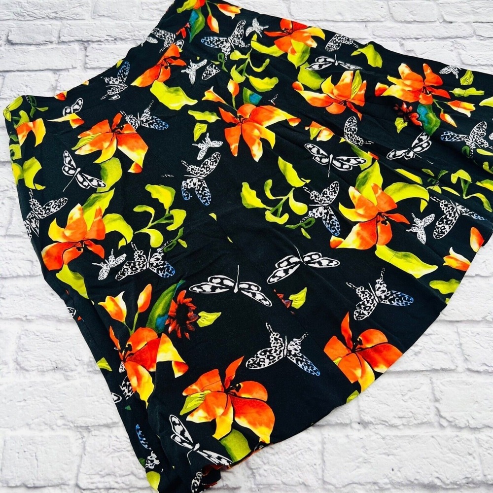Soft Surroundings Black Floral Butterfly Skirt PXL Rayon Pleated Knee Length